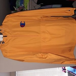 Yellow, White, and Navy Blue Champion wind breakers